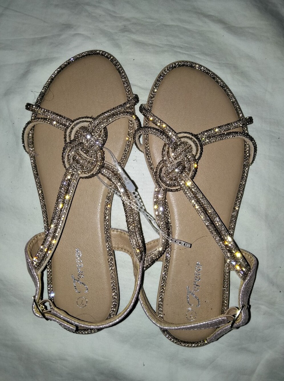 Source Unknown Gold Beaded Knot T-Strap Sandals